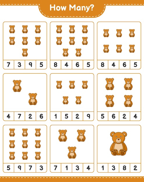 계산 게임 얼마나 많은 테디 베어 교육 어린이 게임 인쇄용 워크 시트 벡터 일러스트 레이 션
