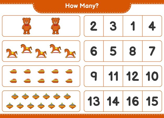 Counting game how many Teddy Bear Rocking Horse Boat and Whirligig Toy Educational children game printable worksheet vector illustration