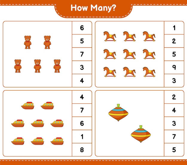 게임 계산 게임 얼마나 많은 테디 베어 흔들 목마 보트와 소용돌이 장난감 교육 어린이 게임 인쇄용 워크 시트 벡터 일러스트 레이 션