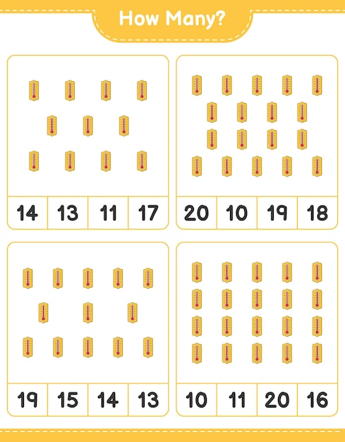 Counting game, how many Thermometer. Educational children game, printable worksheet, vector illustration