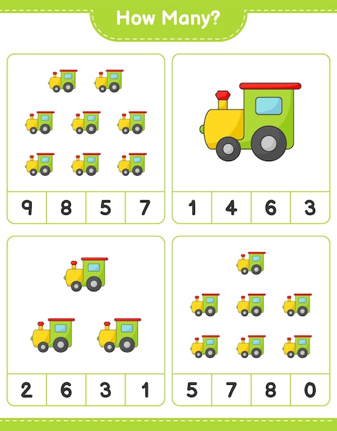 Conteggio del gioco quanti train educational bambini gioco stampabile foglio di lavoro illustrazione vettoriale