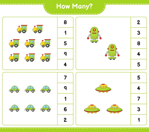 Counting game how many Train Robot Character Car and Ufo Educational children game printable worksheet vector illustration