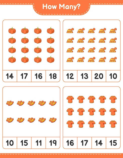 Gioco di conteggio, quante magliette, pantofole, zucca e cappello. gioco educativo per bambini, foglio di lavoro stampabile, illustrazione vettoriale