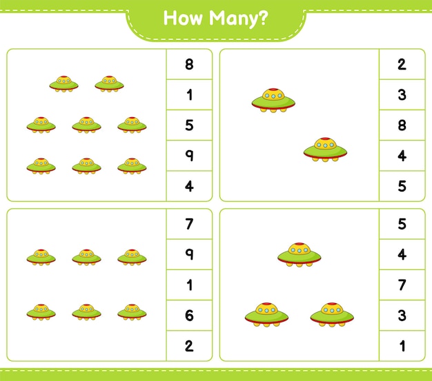 Counting game how many Ufo Educational children game printable worksheet vector illustration