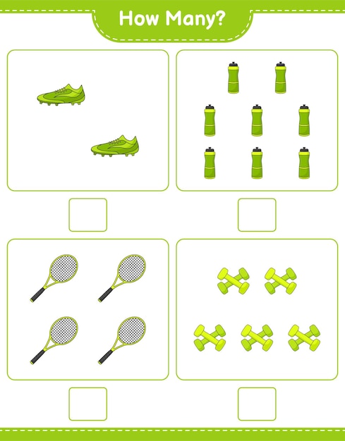 Counting game how many water bottle tennis racket soccer shoes and dumbbell