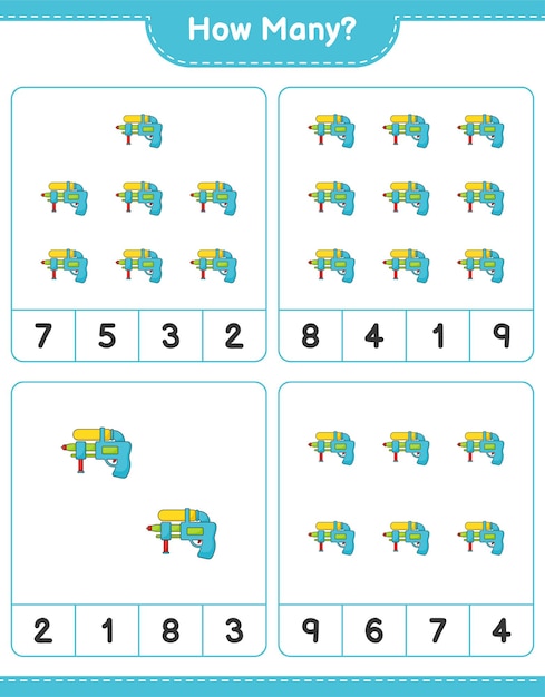 Counting game how many water gun educational children game printable worksheet vector illustration