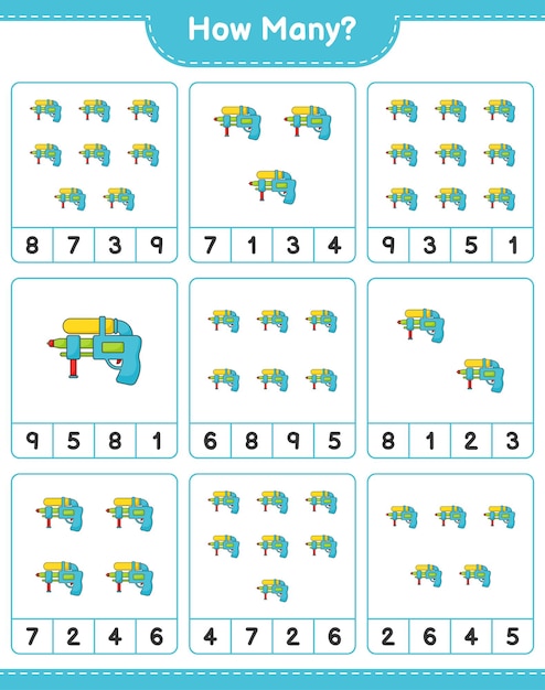 Counting game how many Water Gun Educational children game printable worksheet vector illustration