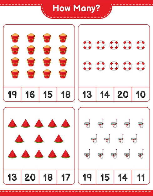 Counting game, how many watermelon, lifebuoy, scuba diving mask, and sand bucket. educational children game, printable worksheet