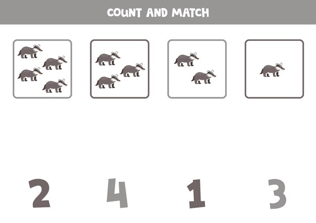 Counting game for kids Count all badgers and match with numbers Worksheet for children