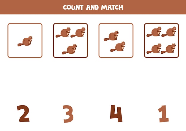 아이들을 위한 카운팅 게임 모든 비버를 세고 숫자와 짝 맞추기 어린이를 위한 워크시트