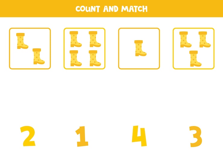 Vector counting game for kids count all boots and match with numbers worksheet for children