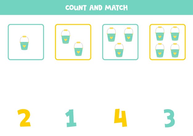 Counting game for kids Count all buckets and match with numbers Worksheet for children