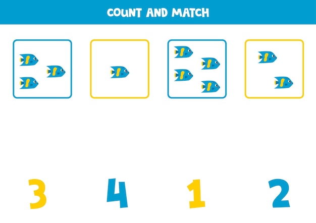 Counting game for kids Count all cartoon angel fish and match with numbers Worksheet for children