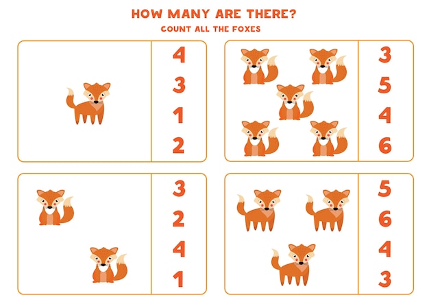 Counting game for kids count all cute foxes worksheet for children