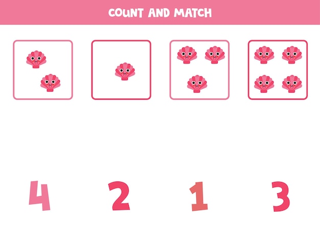 Счетная игра для детей Сосчитай все милые розовые ракушки и сопоставь их с числами Рабочий лист для детей