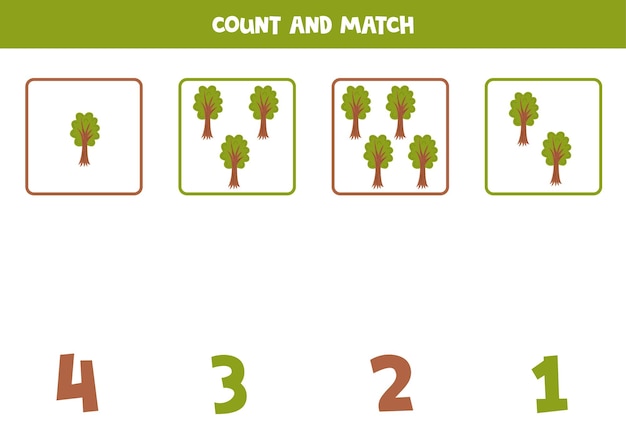 Counting game for kids count all green trees and match with numbers worksheet for children