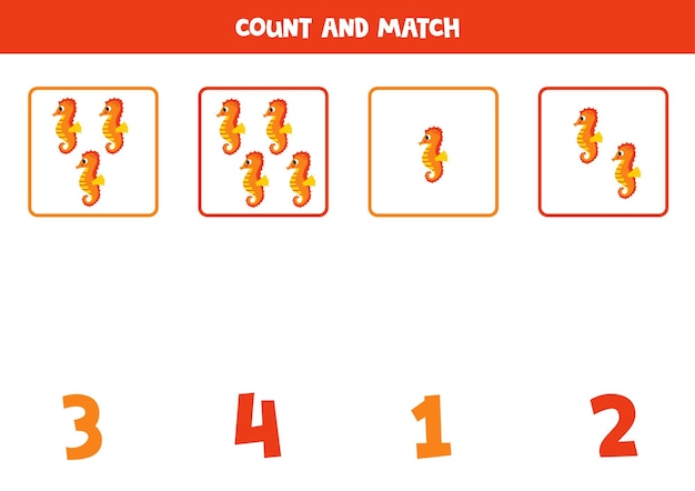 아이들을 위한 숫자 세기 게임 모든 해마를 세고 숫자와 짝 맞추기 아이들을 위한 워크시트