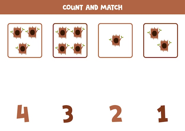 Gioco di conteggio per bambini conta tutte le cavità degli alberi e abbina i numeri foglio di lavoro per bambini