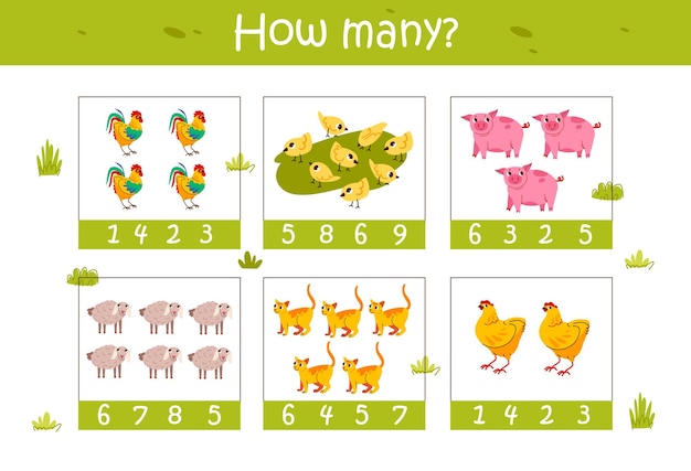 아이들을 위한 계산 게임 교육적 인 수학 게임 몇 마리의 농장 동물을 계산
