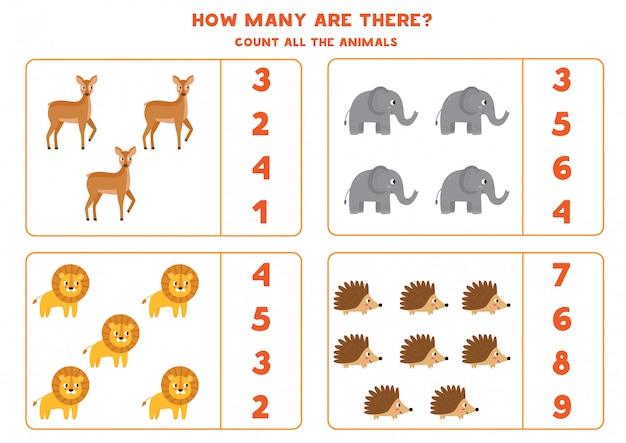 Premium Vector | Counting game for kids. how many wild animals are there.