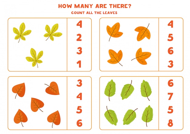 Vector counting game for kids with autumn leaves.