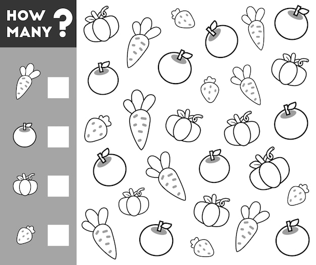 Gioco di conteggio per bambini in età prescolare conta quanti frutti e verdure e scrivi il risultato