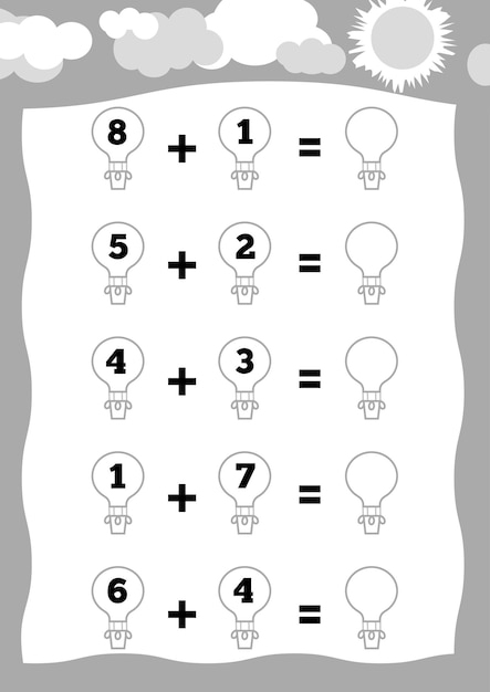 Счетная игра для детей дошкольного возраста Обучающая математическая игра Сложение рабочих листов воздушные шары