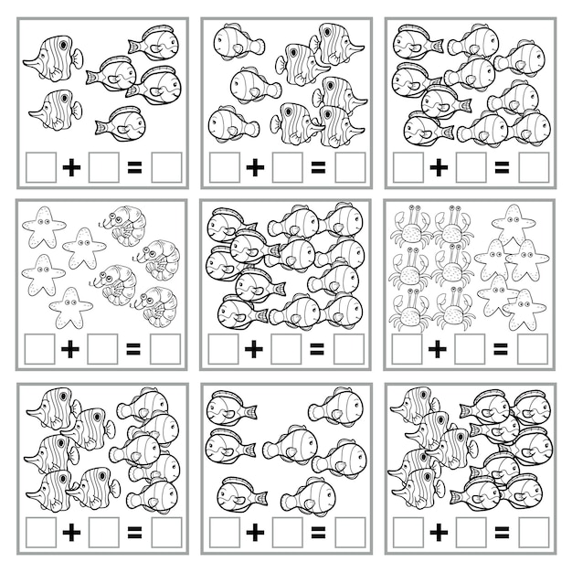 Counting Game for Preschool Children Educational a mathematical game Addition worksheets sea life