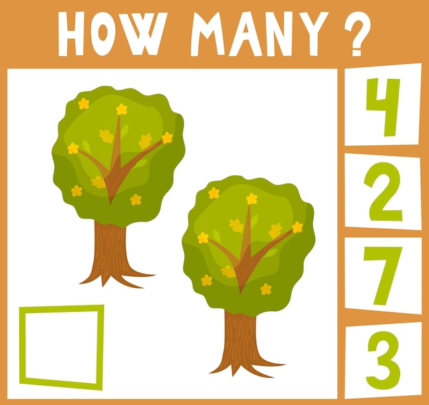 Counting game for preschool children educational a mathematical game count how many pieces and write the result two trees