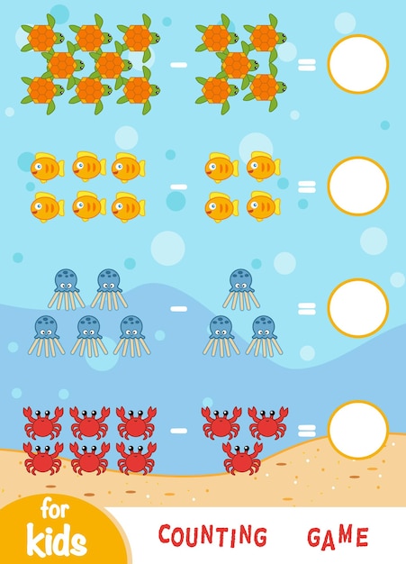 Vector counting game for preschool children. educational a mathematical game. count the number of sea animals and write the result. subtraction worksheets