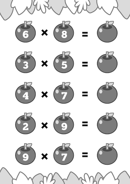 Gioco di conteggio per bambini in età prescolare gioco matematico educativo mele di fogli di lavoro di moltiplicazione