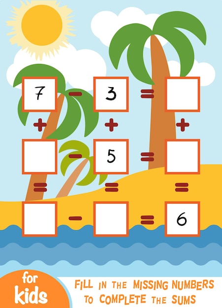 Gioco di conteggio per bambini in età prescolare educativo un gioco matematico sfondo spiaggia tropicale