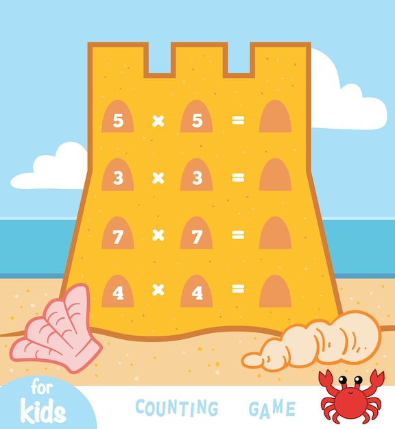 Counting Game for Preschool Children Educational a mathematical tasks on background of sand castle