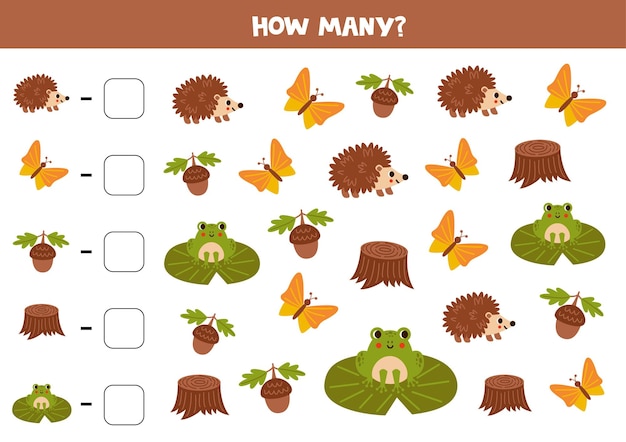 Counting game with cartoon woodland fauna math worksheet