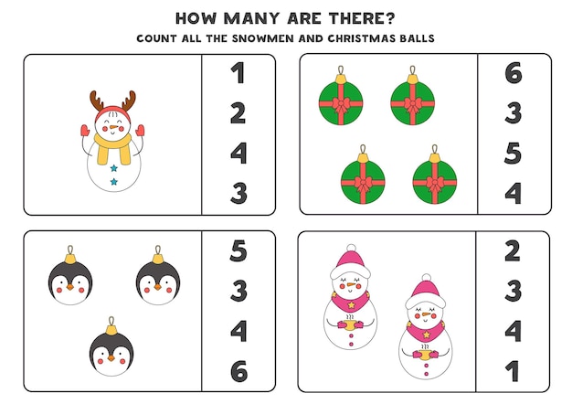 Counting game with Christmas balls and snowmen. Educational worksheet.