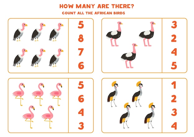 Counting game with cute African birds Educational worksheet