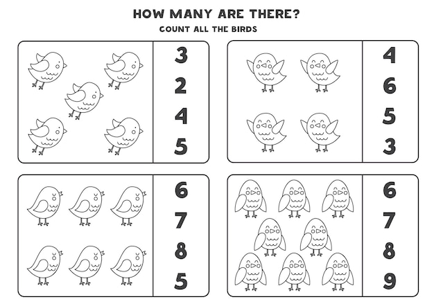 귀여운 흑백 새와 함께 게임을 세기 교육 워크시트