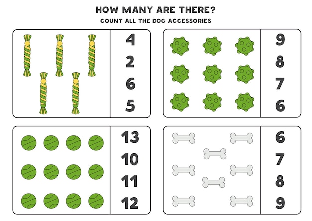 Counting game with cute hand drawn dog accessories Educational worksheet