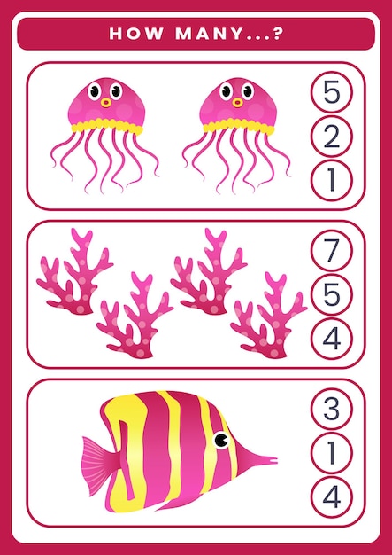 counting game with cute sea animal worksheet for kids