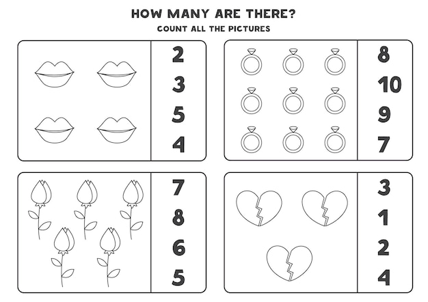 귀여운 발렌타인 요소와 게임을 계산합니다. 교육 워크시트.
