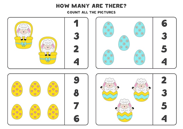 부활절 달걀과 양 계산 게임 교육 워크시트
