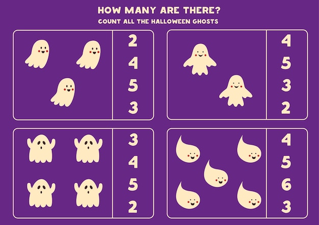 Counting game with halloween ghosts. math worksheet.