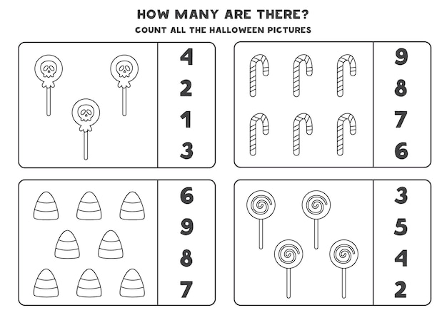 할로윈 과자로 게임을 계산합니다. 흑백 워크시트입니다.
