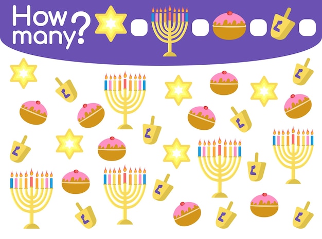 Conteggio del gioco con i simboli di hanukkah per l'illustrazione di vettore dei bambini in età prescolare