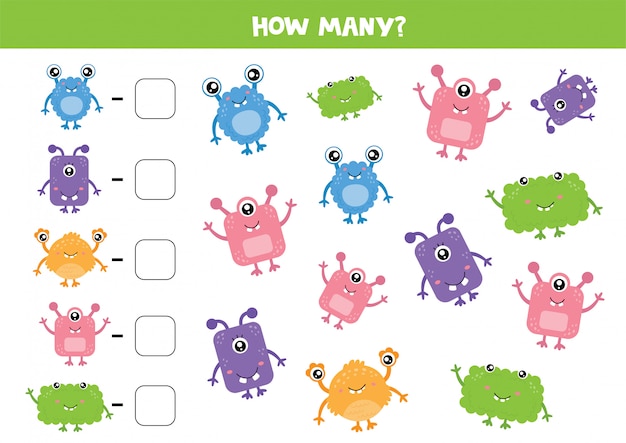 Counting game with many colorful monsters. printable worksheet.