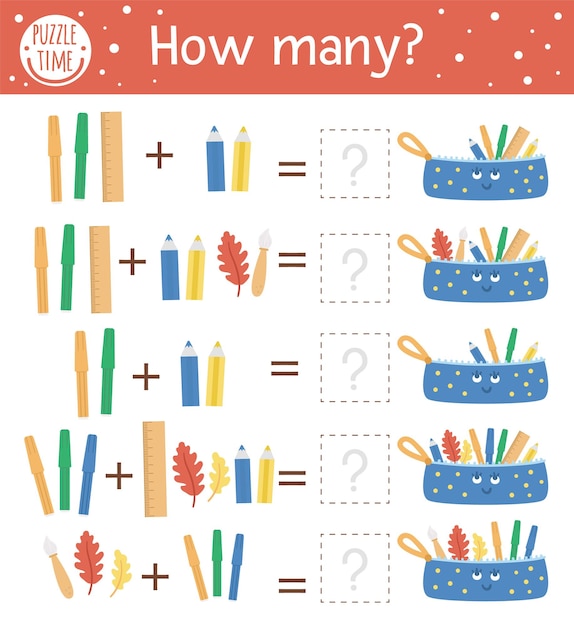 Counting game with stationery and pencil case. back to school math activity for preschool children. autumn math worksheet. educational printable with cute funny elements for kids