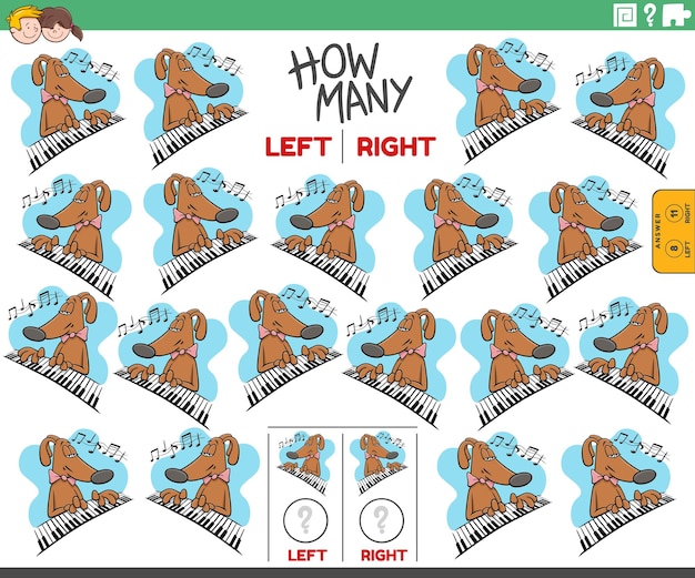 Counting left and right pictures of cartoon dog playing the piano