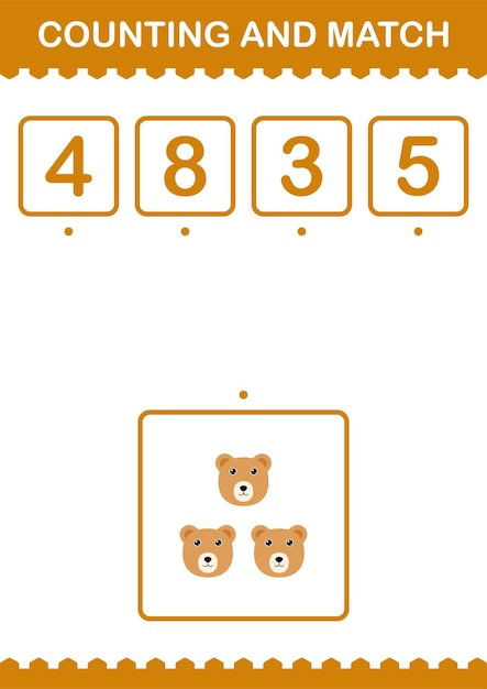 Counting and match Bear face Worksheet for kids