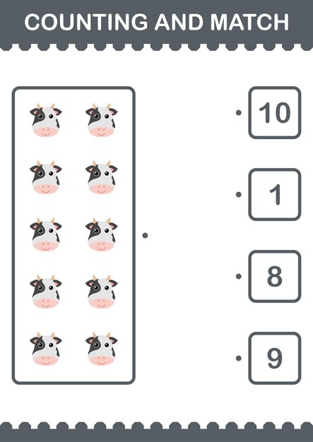 Counting and match Cow face Worksheet for kids