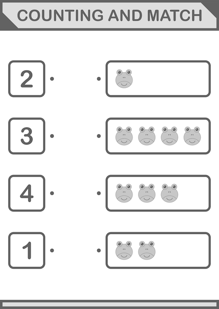 Vector counting and match frog face worksheet for kids